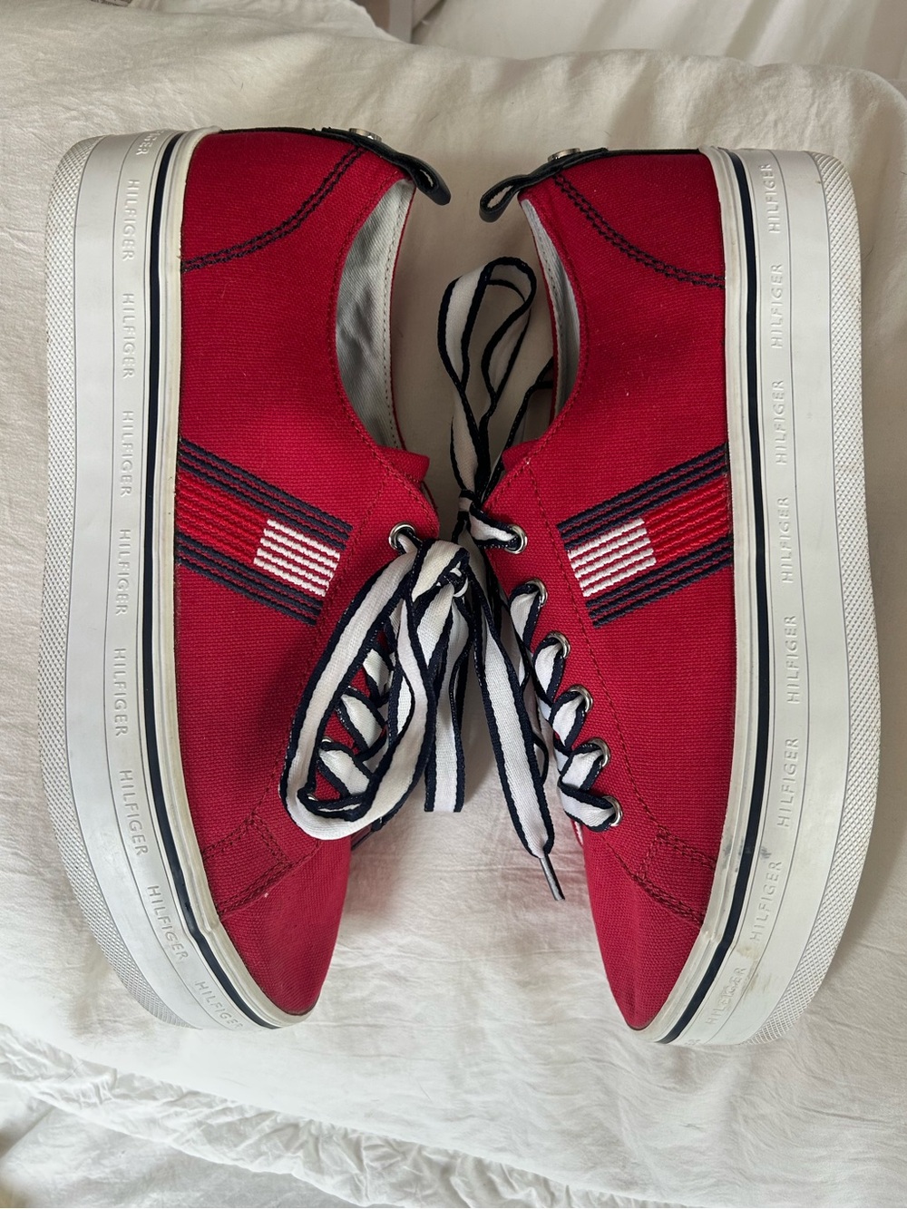 Tommy Hilfiger Red Canvas Low-Top Sneakers with Navy & White Flag Accents. Size8